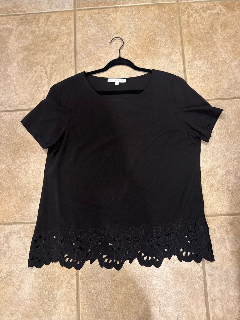 Preston & York Black Short Sleeve Top with Floral Laser-Cut Hem